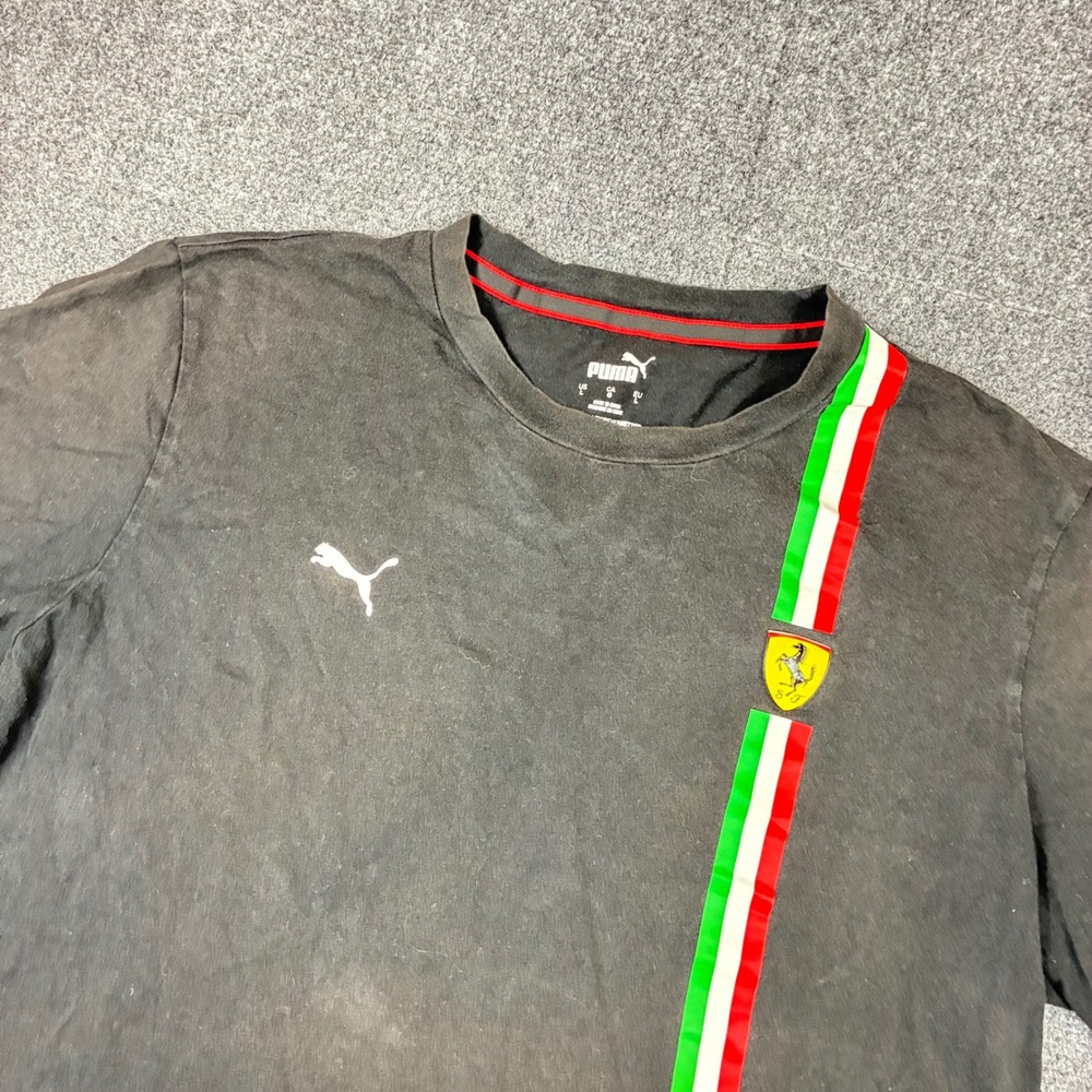 Puma Ferrari Mens Size Large T-Shirt Black Italian Flag Stripe Logo Tee Shirt